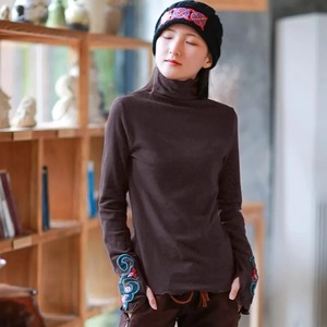 Ethnic Style Embroidered High Neck Long Sleeve Base Shirt For Women Blue With Wood Ear Edge Autumn Winter Warm Wear - Product Image 3