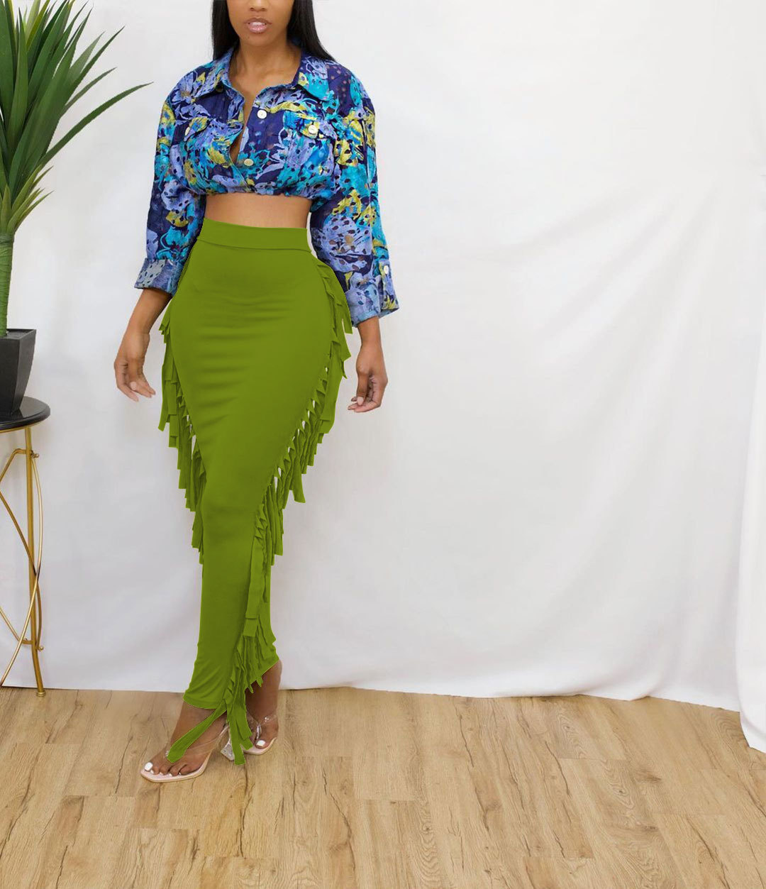 QC6538 S-2XL; Зимняя женская обувь с бахромой большой размер юбка-пачка милый длинные узкие брюки с запахом юбки-макси для женщин