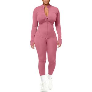 Conjunto Deportivo de Dos Piezas para Mujer, Chaqueta Ajustada de Manga Larga con Cierre y Leggings, Transpirable, para Gimnasio, Primavera - Product Image 1