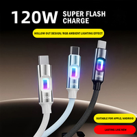 Cordon de charge rapide de type C 120W Câble transparent USB C vers USB C avec écran LED pour iPhone 16 15 Pro Max iPad Galaxy S23