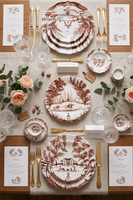 Maßgefertigtes Vintage Braunes Landschafts-Keramik-Tellerset Französischer Toile De Jouy Stil Porzellangeschirr Hochzeit Hotel Tischdekoration