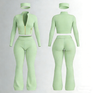Set Sportivo da Donna Personalizzato in 3 Pezzi: Giacca Yoga con Zip, Pantaloni a Vita Alta e Fascia per Capelli in Spandex e Nylon - Product Image 3