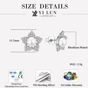 Joyería elegante para mujer, pendientes de tuerca de flor de Plata de Ley 925 con <span class=keywords><strong>centro</strong></span> de perla y circón pavimentado - Product Image 6