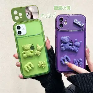 3D Cute Bear ClearSoft Tpu Back Cover Shockproof Phone Cases For Iphone15 12 13 14plus Hidden Mirror Makeup Newest Phone Cover