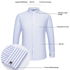 เสื้อเชิ้ตผู้ชายสไตล์ฝรั่งเศส คอปกสี่เหลี่ยม ยี่ห้อ DP ไม่ต้องรีด ลายทาง สำหรับงานทางการ ธุรกิจ ผ้าฝ้ายทวิล กระดุมข้างเดียว พร้อมกระดุมข้อมือ - Product Image 3
