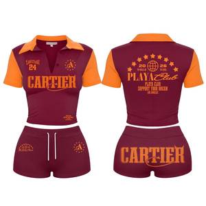 Conjunto de Top Corto Tipo Polo con Cierre Frontal y Pantalones Cortos para Mujer, Atuendo Casual de Dos Piezas, Logotipo Personalizado, Ropa de Verano, Conjunto de Top Corto con Cuello Polo para Mujer - Product Image 6