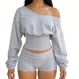 Dames Off Shoulder 2-delige Set - Lange Mouwen Kant-up Corset Top & Hoge Taille Shorts Dames Sets Dameskleding Sehe Fashion - Product Image 3