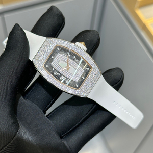 Luxury Ladies Fully Iced Out Diamond Mechanical <strong>Watch</strong> Tonneau Bling Elegant <strong>Women</strong> <strong>Skeleton</strong> Wristwatch White Rubber Strap - Product Image 2