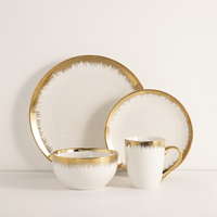 Service de table en céramique de luxe de 16 pièces avec bordure dorée, vaisselle de table réutilisable, assiettes et bols