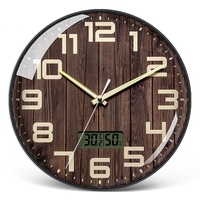 Horloge murale lumineuse imprimée en bois, décoration de la maison, salon, horloge simple silencieuse créative LCD affichage de la température et de l'humidité q unique