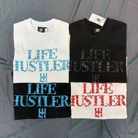 Life Hustlers Atasan Lengan Pendek Katun Murni Tren Pasangan Kecil dengan Cetakan Huruf Dasar Warna Solid