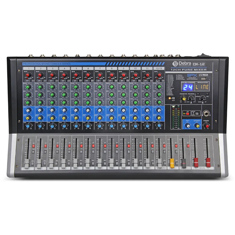 Debra-DX-12 de Audio de 12 canales para DJ, 24Dsp consola mezcladora con tarjeta de sonido, REVERB, profesional, para cantar escenario, karaoke