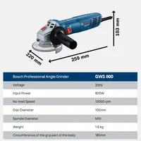 Meuleuse d'angle BOSCH GWS 800 |   800W 12000RPM |   Disque de 100 mm |   Pour la découpe et le meulage du métal/du pierre