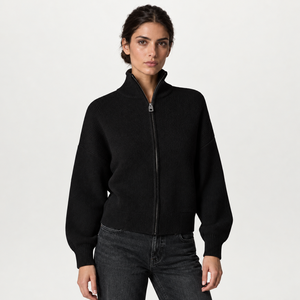 <span class=keywords><strong>Veste</strong></span> pull décontractée pour <span class=keywords><strong>femme</strong></span> en mélange cachemire et laine, coupe ample, col montant, manches lanternes, côtelé épais, poches latérales, fermeture éclair intégrale - Product Image 1