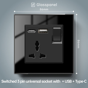 Modern Tempered Glass Wall <b>Socket</b> Panel 2 Outlets 2-Gang USB A & Type-C Ports 230V 16A IP20 White and Black - Product Image 4
