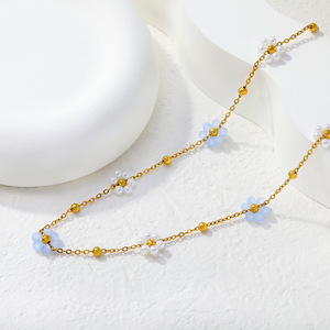 Stainless Steel Flower Necklace <b>Bracelet</b> <b>Set</b> With Pearl Women's Jewelry Gift - Product Image 3