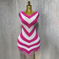Robe Courte Femme Extensible Col V 4 Couleurs avec Ourlet à Pompons, Coupe Moulante, en Crochet, Tenue de Plage, Taille Unique