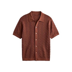 Men's Textured Knitted Button-<b>Down</b> Short Sleeve Shirt Casual Loose Breathable Retro Top Brown Smlxlxxl - Product Image 2