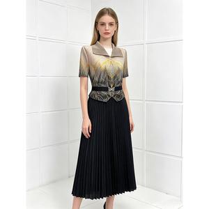 Abito lungo plissettato con colletto <span class=keywords><strong>Peter</strong></span> Pan da donna, vestito a trapezio stampato a vita alta - Product Image 3