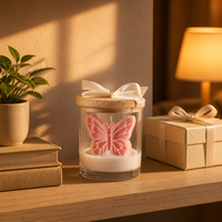FTQS 3D Schmetterlingsförmige Wachskerze Rosa Wohndekor im Glasgefäß mit Holzdeckel Geschenk Großhandel OEM Private Label