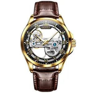 OLEVS 6661 yeni tasarım erkekler mekanik İzle gerçek deri bant su geçirmez izle şeffaf ayna güzel kol saati