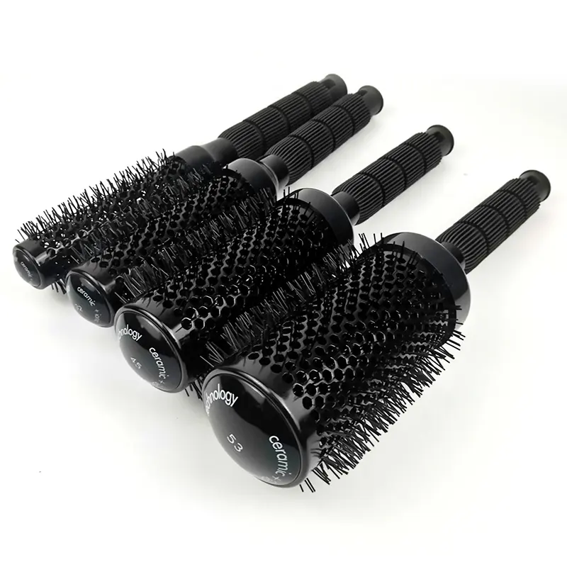 Salon Fashion Heat Resistant Curling Styling Comb Nylon Bristle Roller Brush with Silicone Handle