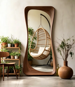 Large Walnut Wood Art Deco Wall <b>Mirror</b> <b>Irregular</b> Framed Full Length Hanging Glass Luxury Bedroom Living Room Bathroom Home Decor - Product Image 5