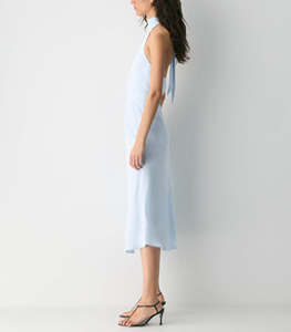 Vestido midi elegante de color azul claro para mujer, sin mangas, con espalda descubierta y lazo en la espalda, vestido de gasa con corte en A, cintura elástica, vestido de fiesta - Product Image 3