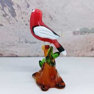 Handblown Glass <b>Bird</b> Figurine Red White Black <b>Perched</b> On Tree Base Animal Decorative Craft Art Piece - Product Image 1