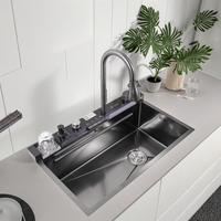 Évier de cuisine en acier inoxydable fait à la main intelligent cascade multifonction Nano évier de cuisine noir avec accessoires