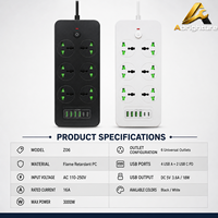 Multiprise universelle 3000W avec 6 prises universelles, 4 USB-A et 2 USB-C, disponible avec cordon d'alimentation UK, EU ou US, OEM ODM