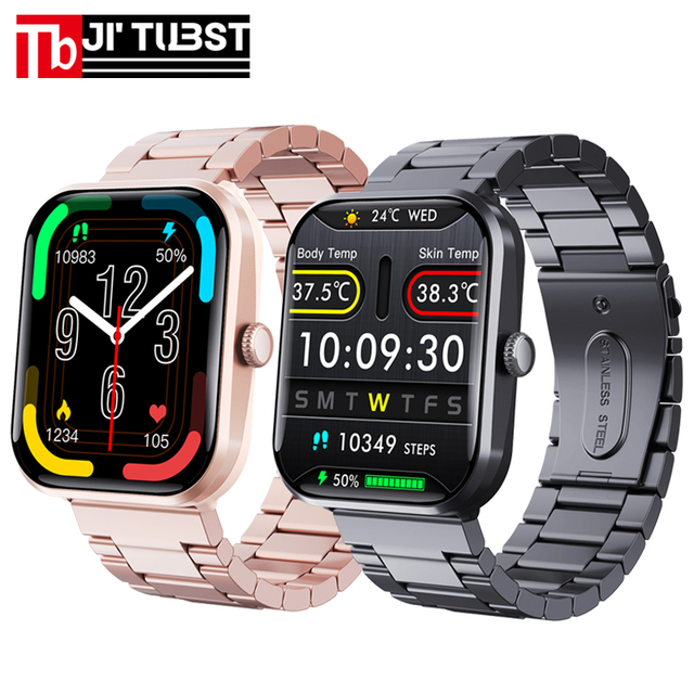 F96T Stainless Steel Smart Watch TFT BT Call Activity Tracker Body Temperature Alarm Medicine Reminder High Temperature Warning