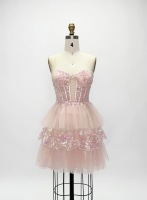Robe de bal courte Ocstrade rose poudré sans bretelles, corset, sequins, dentelle, tulle à volants, mini, pour soirée de remise de diplôme, cocktail, élégante et formelle