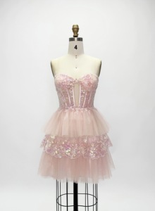 Gaun pesta pendek tanpa tali warna <span class=keywords><strong>pink</strong></span> Ocstrade, berbahan korset, payet, renda, dan tulle bertingkat, cocok untuk acara homecoming, koktail, atau acara formal yang elegan. - Product Image 4