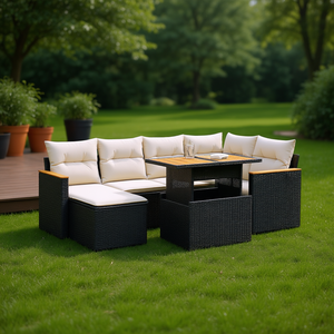 Ensemble de canapés de jardin noir et crème, meubles en rotin d'extérieur avec coussins en mousse haute densité, design contemporain imperméable - Product Image 2