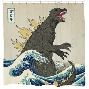 Stunning Godzilla Japanese Shower Curtain Featuring Traditional Art And The Great Wave For Bathroom