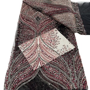 Stripes Pattern Three-Dimensional Embroidery <strong>Stretch</strong> Knitted Lace Fabric Bead <strong>Sequin</strong> Wedding Dress <strong>Material</strong> - Product Image 5