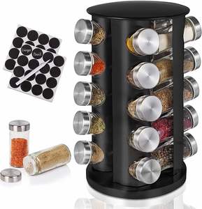 Custom Wholesales 360 Rotating Kitchen Black Metal 20 <b>Jar</b> Carousel <b>Spice</b> Rack With Glass <b>Jars</b> Set and <b>Labels</b> for Bottles - Product Image 1