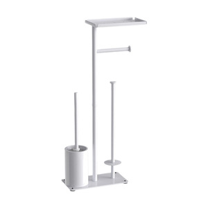 Modern Minimalist Free Standing Bathroom Organizer with Tiered Design <b>and</b> <b>Toilet</b> Brush <b>Holder</b> White Rectangular Plastic - Product Image 1