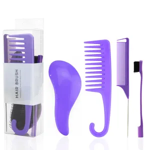 Wholesale price T T detangling hair brushes rat tail comb edge brushes 4 pcs comb set with pvc boxes