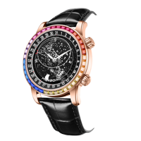 HANBORO Starry Sky Montre mécanique automatique pour homme en acier inoxydable avec bracelet en cuir, cadran à aiguilles en cristal saphir, lumineuse, de luxe