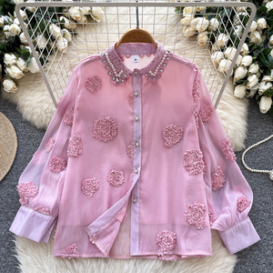 重厚なビーズ刺繍の3Dフラワーメッシュシャツ レディース ゆったり長袖トップス ブラウス ファッション - Product Image 2