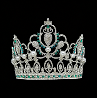Couronne de Reine en Alliage Argenté avec Strass, Filigrane, Perles et Émeraudes – Diadème de Cérémonie pour Femme, Idéal pour Concours de Beauté