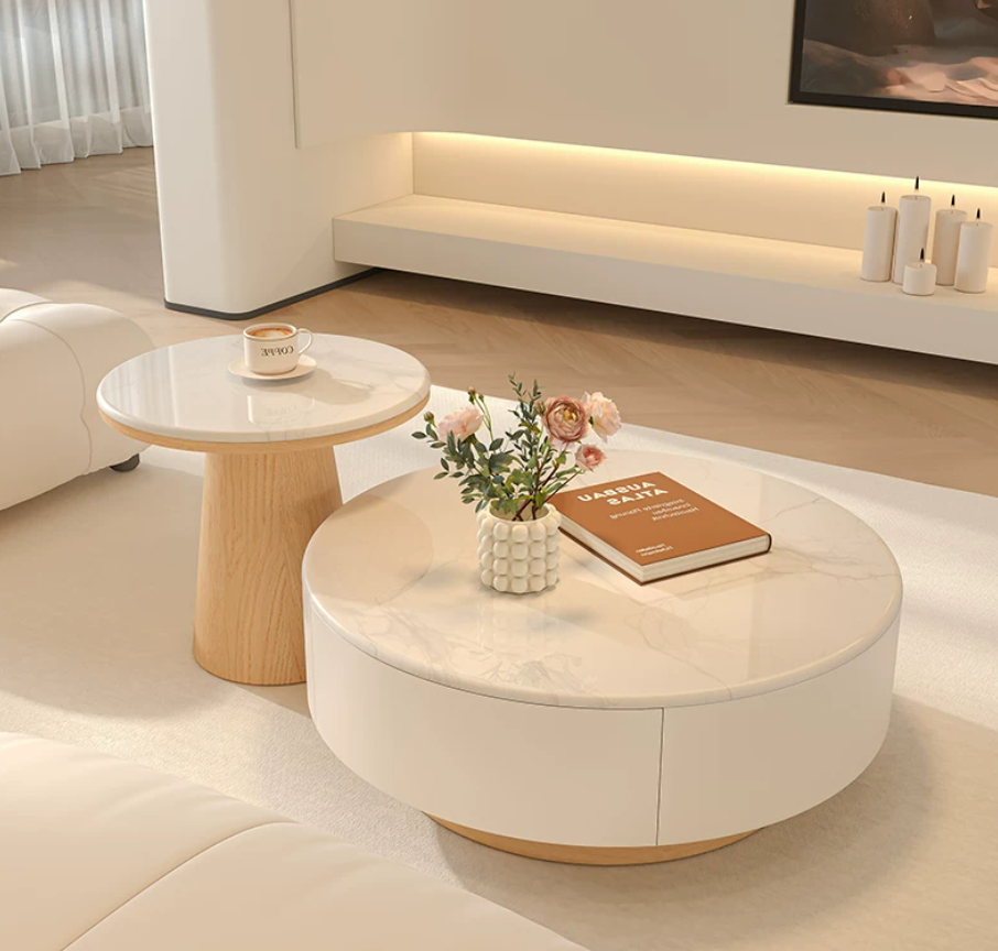 Cream Round Nested Coffee Table Set Modern Rustic Living Room Furniture ...