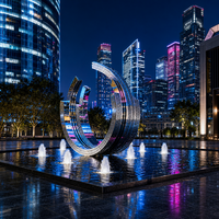 Sculpture d'anneau creux en acier inoxydable poli effet miroir, au design moderne et élégant, pour espaces extérieurs tels que parcs et places publiques