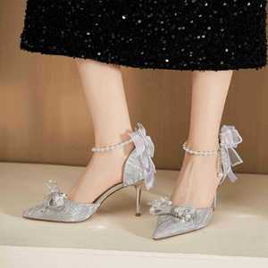 Sandalias de Tacón Alto con Cadena de Perlas Florales, Punta Puntiaguda, Tacón de Aguja, Zapatos de Novia para Mujer con Decoraciones de Lazo - Product Image 3