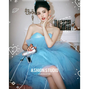 Strapless Blue Tulle Ball Gown Wedding Dress Princess Waistline Indoor Photography Clothing Candy Color Women's Dress - Product Image 2