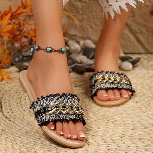 Sandali piatti da donna eleganti con tomaia in tessuto, decorazioni in cristallo, punta aperta, slip-on, comodi, per primavera/estate, casual, per tutti i giorni, di tendenza. - Product Image 3
