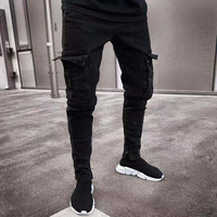 Nouveau Jean Cargo Slim Homme Long Extensible Noir avec Poches Façon Motard pour Travail