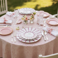 Assiettes en céramique élégantes à rayures roses et palmiers - Vaisselle à bord festonné pour mariage, banquet, douche nuptiale, décoration de table d'événement
